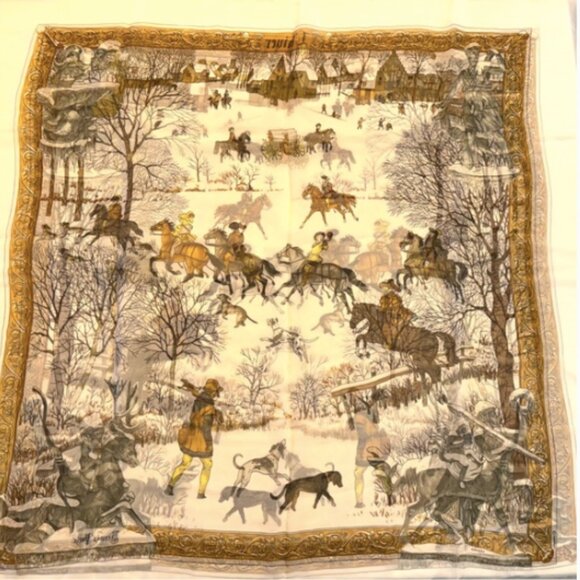 Hermes Extremely Rare 100% Silk Mirrored Image Hunt Scene Sheer Large Cape Shaw - Picture 1 of 16